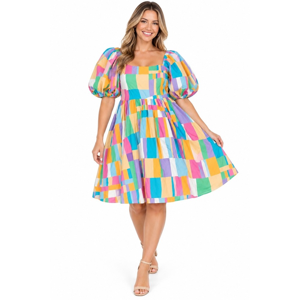 Peach Love Multicolor Geometric Puff Sleeve Short Dress Size Medium Girly Brunch